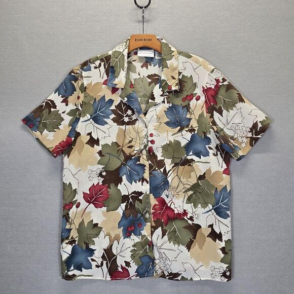 Alfred Dunner Other - Alfred Dunner Blouse Top 14 Floral Leaf Button Up Short Sleeve Collar Crepe